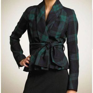 Diane Von Furstenberg Charleville Tartan Wrap Jacket Green Tie Front Size 6